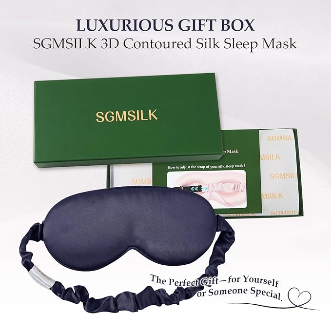 100% Pure Mulberry Silk Sleep Mask, 3D Contoured Cup Eye Mask for Sleeping, 22 Momme Super Soft Breathable Blindfold, Adjustable Blackout Travel Silk Eye Cover Blue