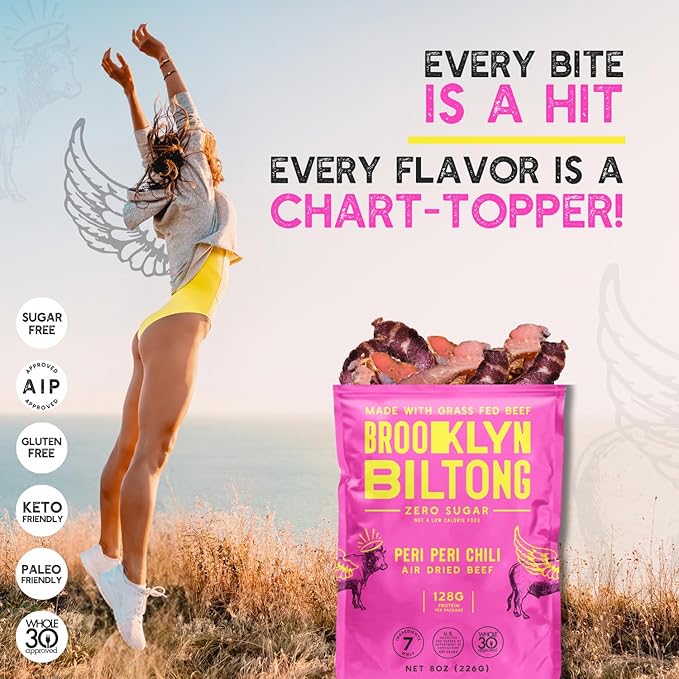 Brooklyn Biltong Air Dried Grass Fed Beef Snack, South African Beef Jerky (2 oz, Pack of 8) - Whole30 Approved, Paleo, Keto, Gluten Free, Sugar Free, Made in USA - (Peri Peri)