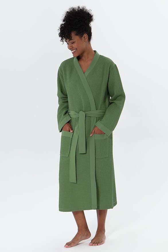 SEYANTE Womenโs Luxury Waffle Shawl Collar, Hooded Robe w Piping โ Lightweight, Long, Ultra Soft Spa Sleepwear Bathrobe