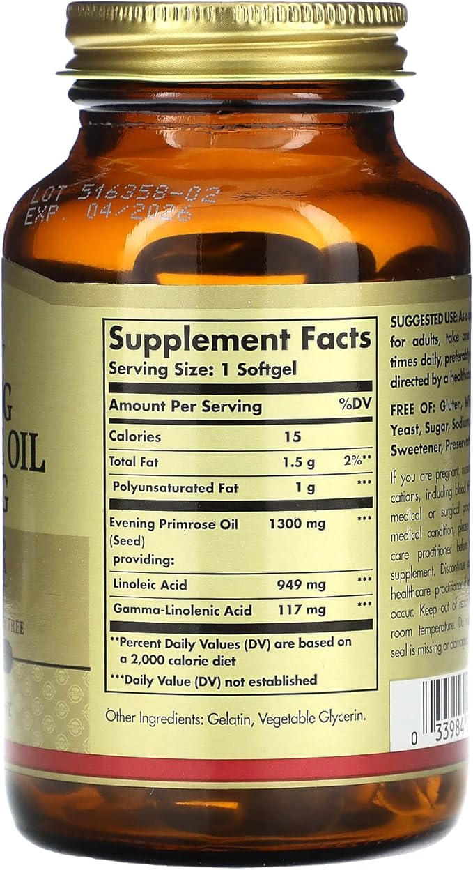 Solgar Evening Primrose Oil 1300 mg, 60 Softgels - Promotes Healthy Skin - Nutritional Support for Women - Non-GMO, Gluten Free, Dairy Free - 60 Servings