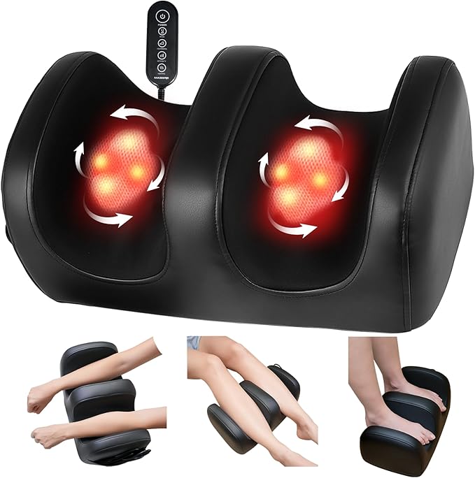 Electric Foot Massager Machine with Heat, Shiatsu Kneading Feet and Calf Massagers for Relaxation, Plantar Fasciitis Relief, Deep Tissue Massage, Gifts for Mom & Dad, Wired Remote
