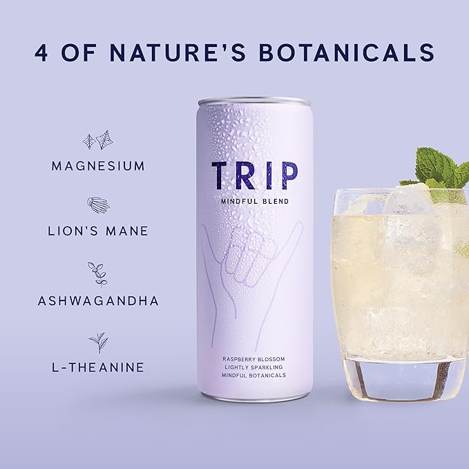 Trip Mindful Blend, Lightly Sparkling Adaptogen Seltzer w/ 120mg Magnesium Citrate with Ashwagandha, Lions Mane & L Theanine, No Added Sugar, Vegan, Raspberry Orange Blossom, 12 Oz, 12Pk