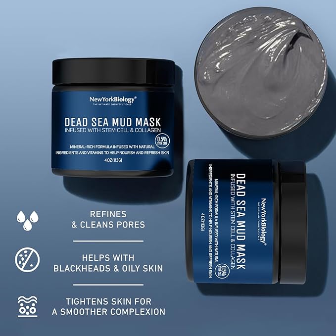 New York Biology Dead Sea Mud Mask for Face, Body | with Stem Cell and Collagen | Spa Quality Pore Refiner for Oily Skin | Natural Skincare for Women, Men | Tighten Skin | 4 oz