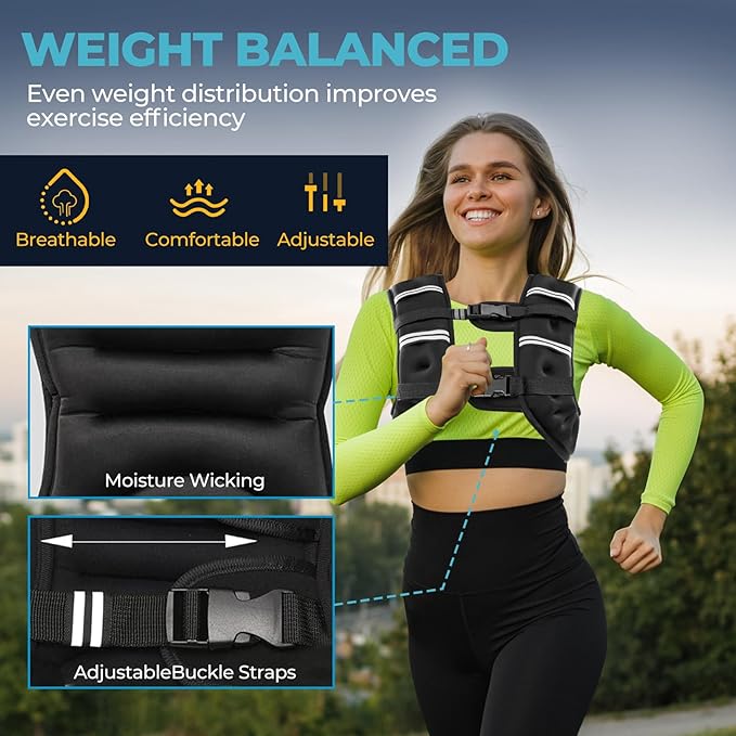 Weighted Vest, 12lb/16lb/20lb Weight Vest with Reflective Stripes for Men Women, Two Adjustment Straps for Workout, Strength Training, Running, Fitness, Muscle Building, Weight Loss