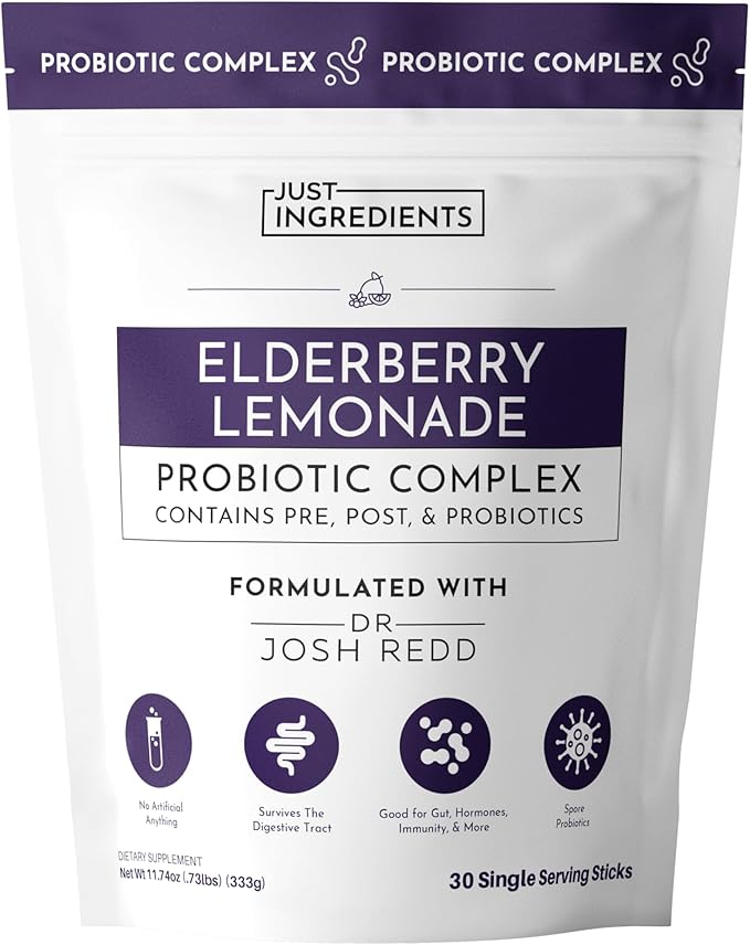 Elderberry Lemonade 3‑In‑1 Probiotic Complex – 30‑Stick Drink Mix with Prebiotics, Probiotics & Postbiotics – 5 Billion CFU Spore Strains + Lemon Extract – Immune, Gut & Digestive Support