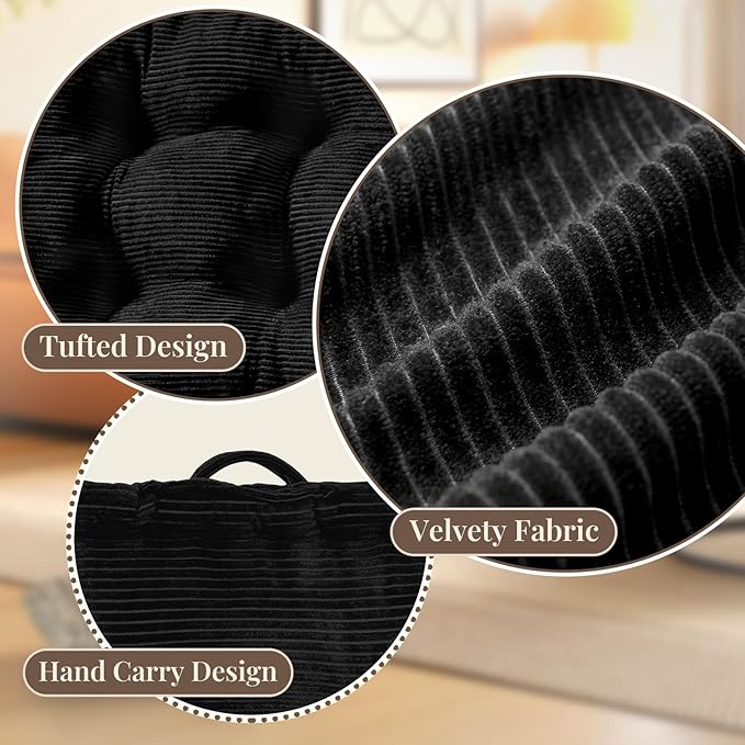 Square Floor Pillows for Adults Kids - Meditation Floor Pillow Seating Cushion - Tufted Floor Cushion with Shredded Foam & Velvet Cover, 1 Pack, 20x20 Inch, Black