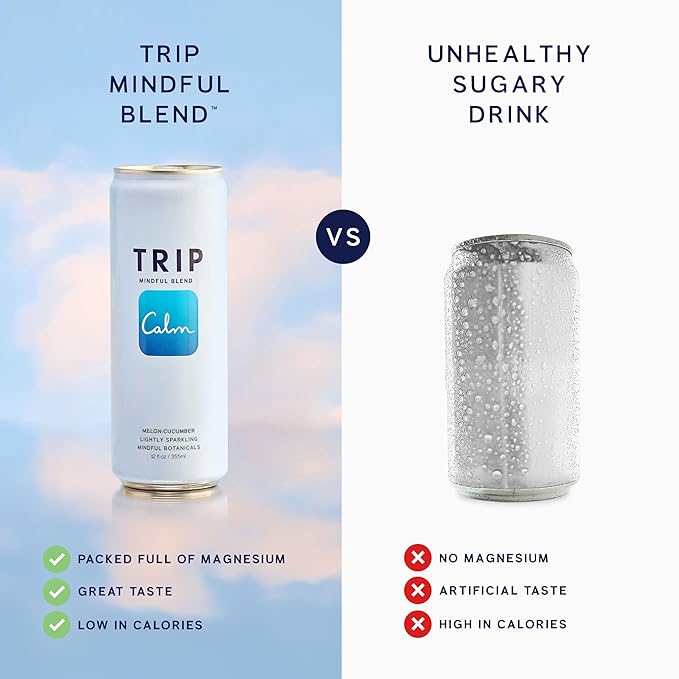 Trip Mindful Blend, Lightly Sparkling Adaptogen Seltzer, Mocktail w/ 120mg Magnesium Citrate with Ashwagandha, Lions Mane & L Theanine, No Added Sugar, Vegan, Melon Cucumber, 12 Oz, 12Pk