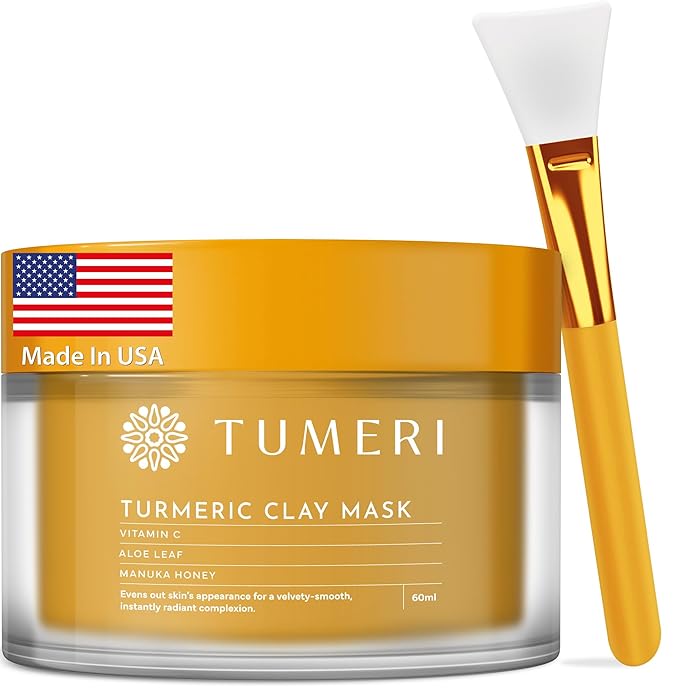 TUMERI Turmeric Vitamin C Clay Mask for Dark Spots – Turmeric Clay Face Mask Skin Care, Deep Cleansing Pores - Improves Uneven Tone, Post-Blemish, Visibly Brighten – 2 oz with Mask Brush Applicator