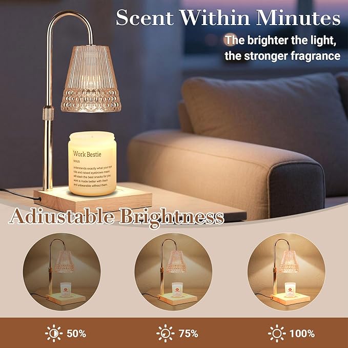 Candle Warmer Lamp Adjustable Height & Dimmable, Electric Candle Warmers for Jar Candles, Home Decor Lamp with Timer, Perfect Gifts for Women Men, Safe Night Light for Bedroom Office (Amber-wood B)