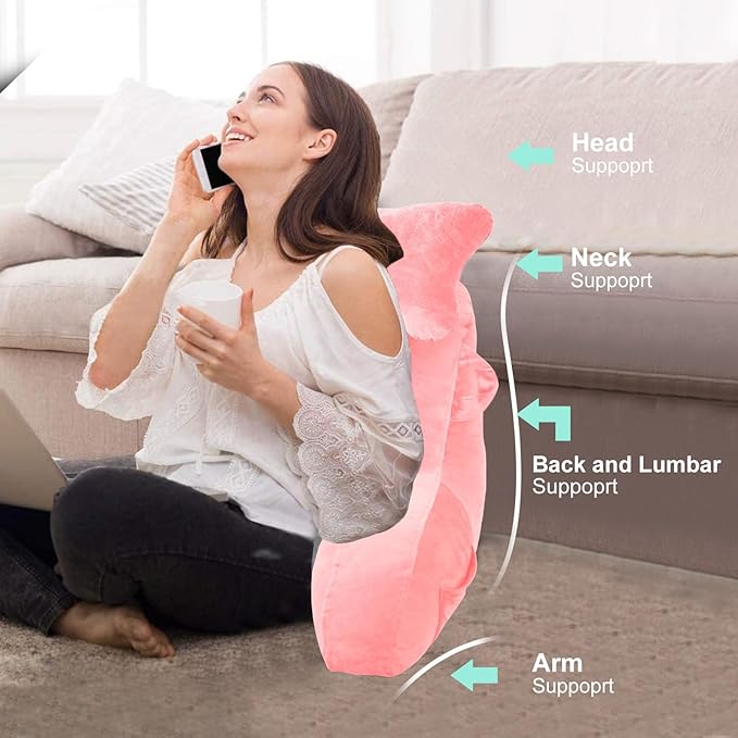 SLIGUY Reading Pillow for Sitting in Bed Couch Adult, Back Pillow with arm Support and Pockets, Adult Back Pillow Bed Chair for Rest, Reading, Watching TV, Gaming for Boys and Girls Pink