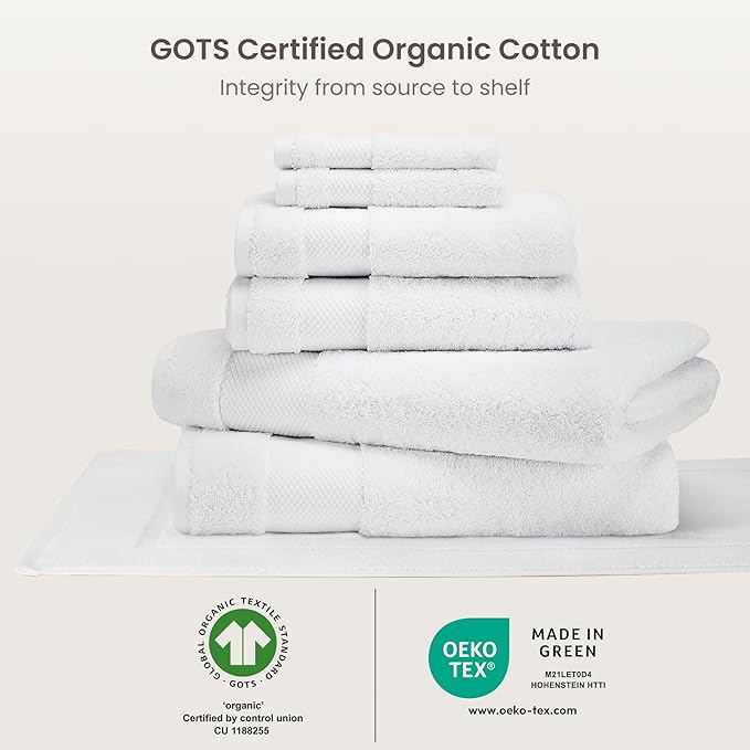 BIOWEAVES 100% Organic Cotton Bath Towel Set | 700 GSM Plush 7-Piece Premium Towel Set GOTS Certified, 2 Bath Towels, 2 Hand Towels & 2 Washcloths, 1 Bath Mat - White