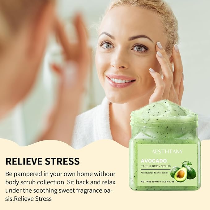 O'KADY Avocado Face & Body Scrub - 11.8 fl oz (350ml) - Gentle Exfoliating with Rice Powder & Olive Oil - Hydrating Formula for Smooth Skin - Fragrance-Free