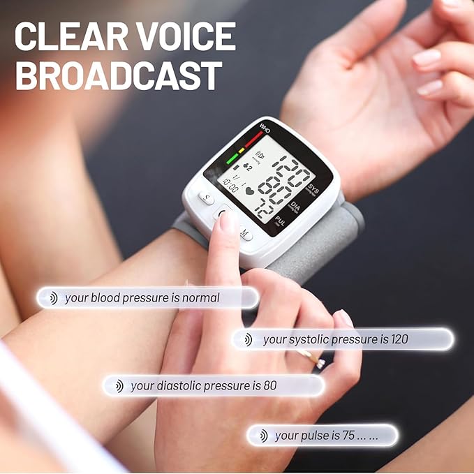 Blood Pressure Monitor Digital Wrist BP Machine Automatic Adjustable Cuff ( 5.3 to 7.7 in) with 2 Users 180 Memory Voice Broadcast Large LCD Display USB Charging Cable Carrying Case