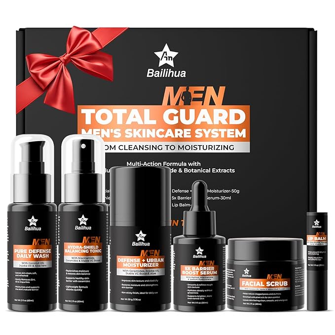 Mens Skincare Skin Care Set for Men Him Complete Routine Kit with Niacinamide & Ceramides - Face Cleanser, Scrub, Toner, Serum, Moisturizer Cream, Lip Balm - Christmas, Father’s Day Gifts for Men
