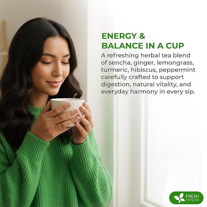 FreshDrinkUS, Premium Green Ginger Tea | 135 Tea Bags | Sencha Green Tea with Ginger, Lemongrass, Turmeric, Hibiscus & Peppermint | Natural Herbal Blend | Comfort & Refreshing, Vegan