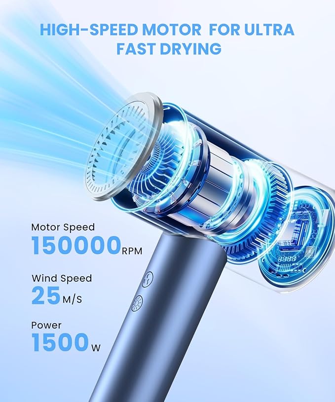 Hair Dryer, Ionic Blow Dryer, Professional High-Speed Hairdryer with 150,000 RPM Motor for Fast Drying, 5 Temps/3 Speeds Lightweight Hairdryer with Magnetic Nozzle for Home Travel Women Man
