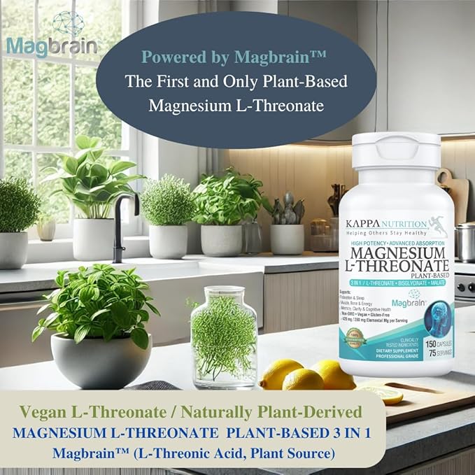 Kappa Nutrition Powered by Magbrain™ Magnesium L-Threonate Plant-Based, 420mg Elemental Magnesium (3 Capsules) from 2,253mg, 150 Vegan Capsules, Brain, Sleep & Muscle Support.