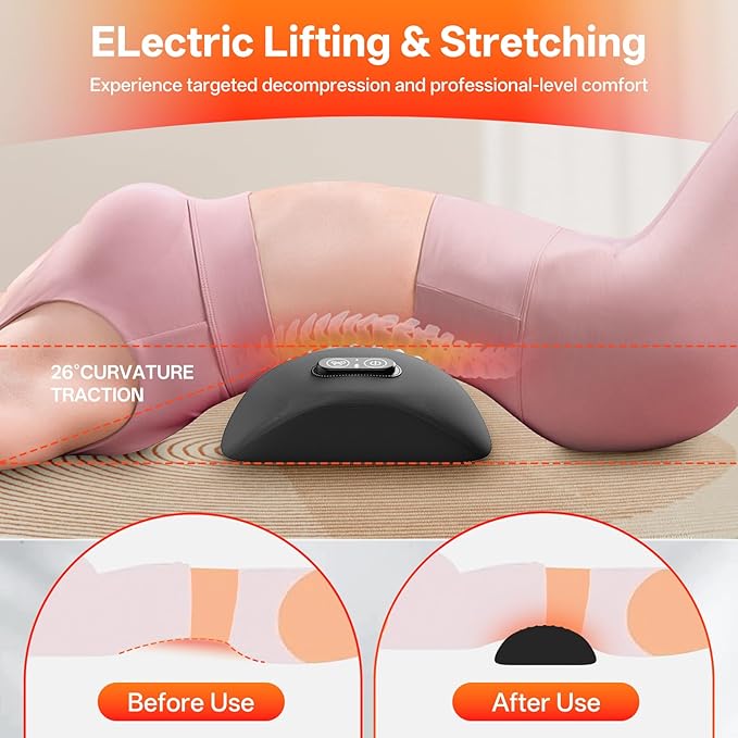 3-in-1 Electric Lumbar Support Pillow for Bed and Chair, Smooth Spine Triple Fusion Back Massager with Heated, Vibration and Traction for Lower Back Pain Relief and Spine Support