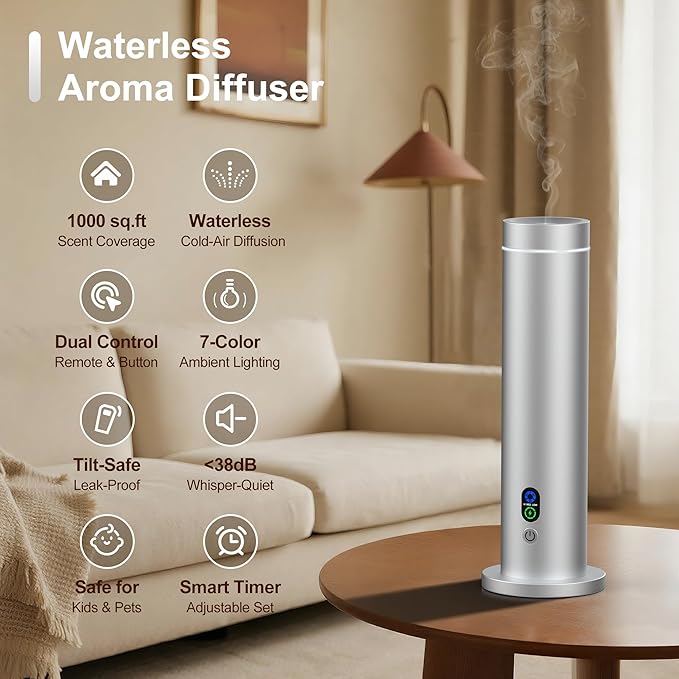 Waterless Diffuser, 1000 Sq.Ft Coverage, Essential Oil Diffuser with Tilt-Safe, Remote Control, Adjustable Mist Mode, Mood Lights Aromatherapy Diffuser for Home, Large Room, Office, Hotel, Silver