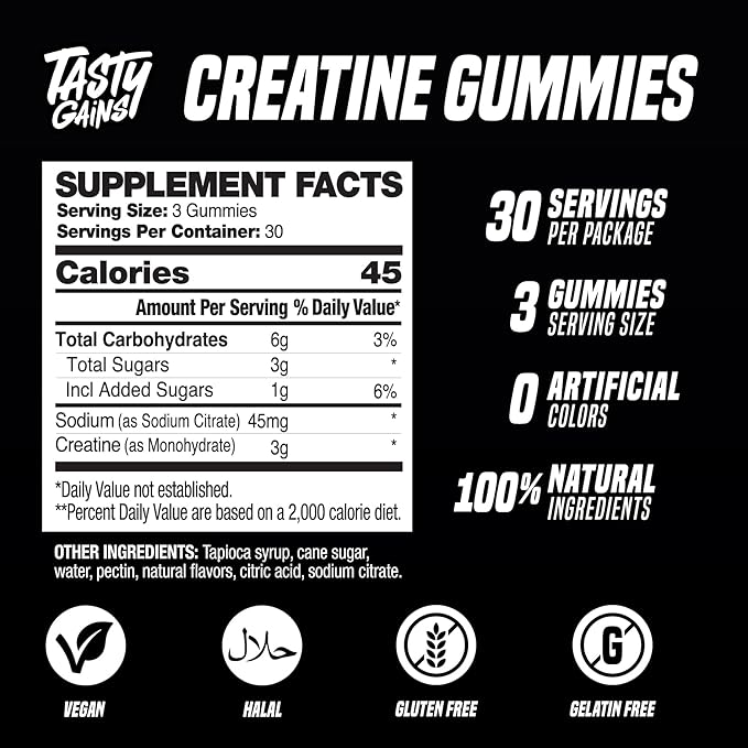 TASTY GAINS Creatine Gummies - 90g of Creatine Monohydrate - Workout Supplements - Build Muscle & Boost Strength for Men & Women - Made in USA - Non GMO - Vegan Friendly (Large, Pineapple Mango)