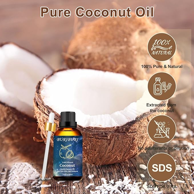 BURIBURI Coconut Essential Oil 100ml Premium Grade Scented Oil Coconut Fragrance Oil Carrier Oil for Diffusers, Massage, Candle Making Soap Making
