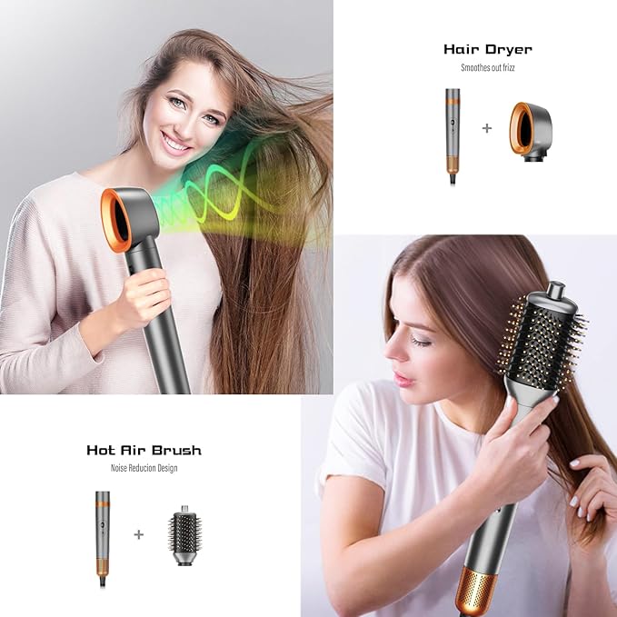 T-GOGO Hair Dryer Brush Professional: 6 in 1 Hot Air Hair Styler & Dryer Set, Powerful Hair Air Curling Iron High-Speed Negative Ionic Blow Dryer, Auto-Wrap, No Heat Damage (Yellow)