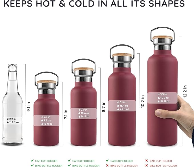 Bambaw 12 oz Insulated Water Bottle with Handle, Wide Mouth Insulated Water Bottle Red, Stainless Steel Water Bottle, Metal Water Bottle Double Wall Insulated, Small Water Bottle Reusable – Red Berry