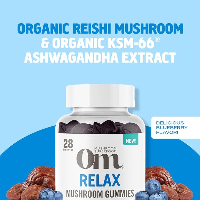 OM MUSHROOM SUPERFOOD Relax Gummies – 28 Servings – Blueberry Reishi & Ashwagandha Gummies for Stress Relief, Relaxation & Mood Support