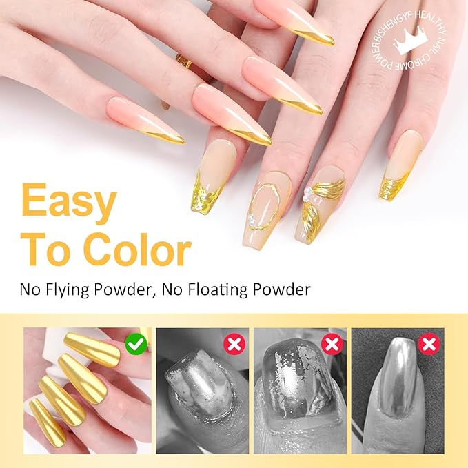 Gold Chrome Nail Powder BISHENGYF: 1g Metallic Mirror Effect Chrome Powder for Nails Manicure Decoration Reflective Pigment Gold Nail Powder for Nail Art Gel Polish Home DIY,Gifts