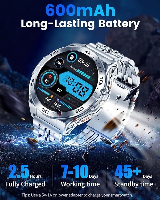 Military Smart Watch for Men with LED Flashlight, 1.60″ AMOLED Always-On Display, 600mAh (5–10 Days), Bluetooth Call, IP68 Waterproof, Heart Rate/Sleep/SpO₂, 170+ Sports Modes, for Android iPhone
