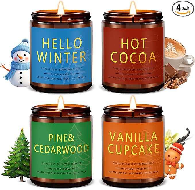Winter Candle Set | 4 Pack Scented Candles for Home | Holiday Gifts for Women Men | Soy Candles for Home Scented | Christmas Scents of Hello Winter/Pine&Cedarwood/Hot Cocoa/Vanilla Cupcake
