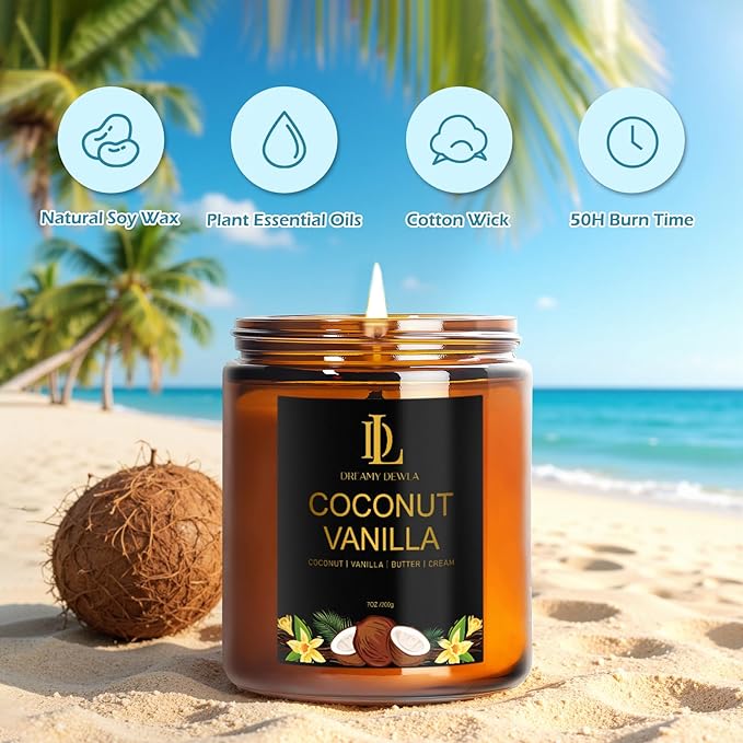 Coconut Vanilla Candles, 7oz Vanilla Coconut Scented Candle, Natural Soy Candles for Home Scented, Long Lasting with 50 Hour Burn Time, Gifts for Men Women