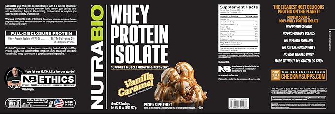 NutraBio 100% Whey Protein Isolate Protein Powder, 25g Protein with Complete Amino Acid Profile, Non-GMO, Soy & Gluten Free, Low Carb, Low Calorie Whey Protein Powder, Vanilla Caramel, 2 Lbs