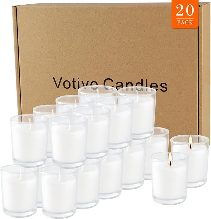 20 Pack Warm White Unscented Clear Glass Filled Votive Candles. Hand Poured Wax Candle Ideal Gifts for Aromatherapy Spa Weddings Birthdays Holidays Party (Warm White)