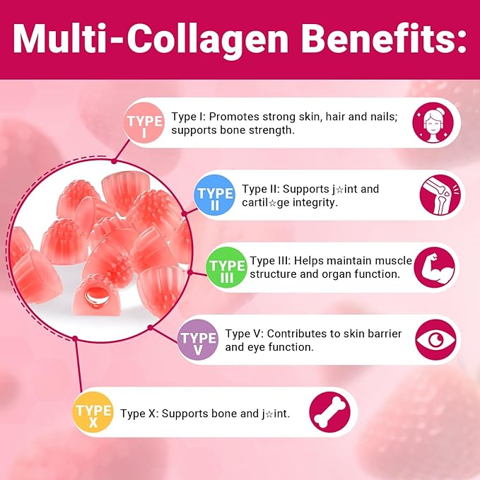 Collagen Gummies for Women - Sugar-Free Hydrolyzed Collagen Gummy with Biotin, Hyaluronic Acid & MultiVitamins, Type I, II, III, V & X Collagen Peptides - Promote Skin/Hair/Nail/Bones, 60 Cts