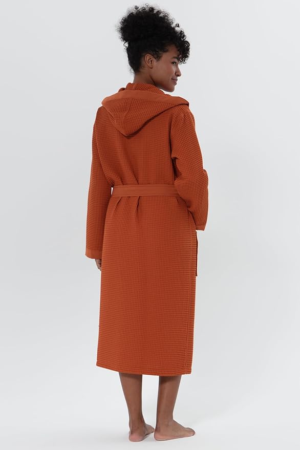 SEYANTE Womenโs Luxury Waffle Shawl Collar, Hooded Robe w Piping โ Lightweight, Long, Ultra Soft Spa Sleepwear Bathrobe