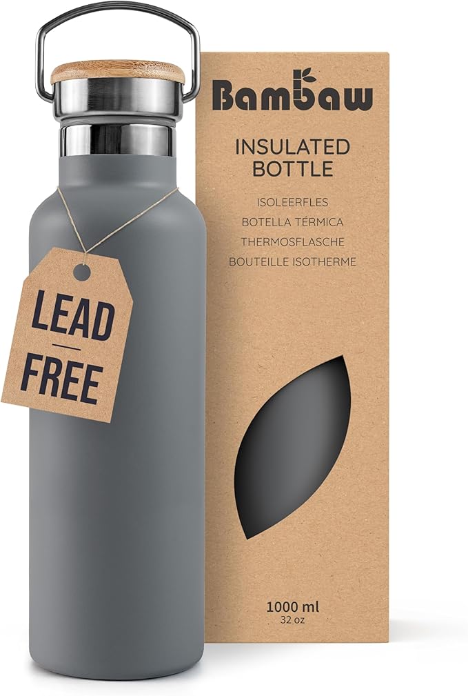 Bambaw 32 oz Water Bottle, Gray Double Wall Insulated Water Bottle, Stainless Steel Water Bottle, Thermo Water Bottle, Women and Mens Water Bottle, 1 Liter Water Bottle – Stormy Gray