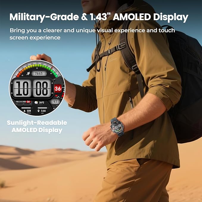 WalkerFit Military Rugged Smart Watch for Men 1.43" AMOLED Smartwatch,Alway-on,3ATM Waterproof for Swim,Accurate HR Sleep Monitor,Bluetooth Call Fitness Watch for iPhone Andriod Compatible,Camouflage