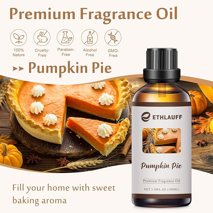 Pumpkin Pie Fragrance Oil, 100ml Pumpkin Spice Essential Oil for Diffusers,Fall Essential Oil for Candle Making, Autmun Scented Oil -3.38FL.OZ