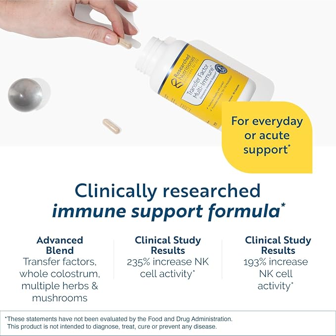 Transfer Factor Multi-Immune Support Supplement - Clinically Researched Immune Support Formula with Colostrum, Mushrooms, Green Tea, and IP-6 - Promotes Healthy NK Cell & T-Cell Function, 90 Capsules