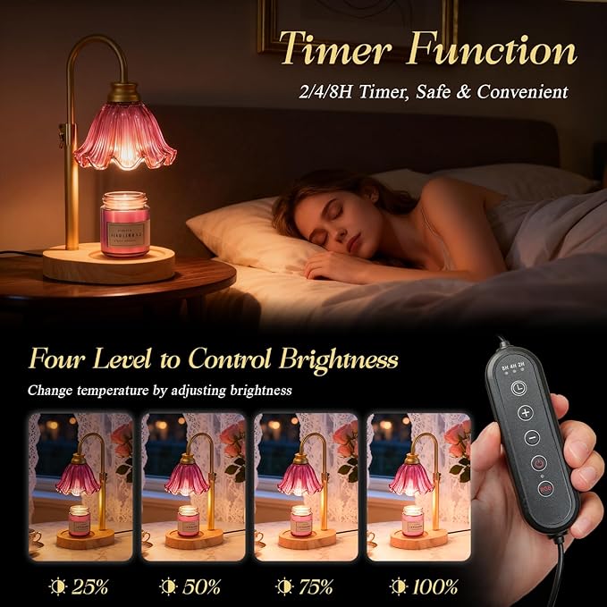 Candle Warmer Lamp with Adjustable Height - Flameless 4-Level Dimmable Wax Warmer with Colorful Glass Shade & Wooden Base, Timer Function & Stylish Design in Multiple Colors (Purple)