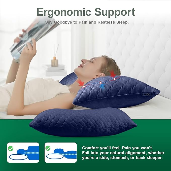 Shredded Memory Foam Pillows – Adjustable Loft, Orthopedic Support for Side/Back Sleepers, Pressure Relief for Cervical Spine, Machine Washable (Queen Size)