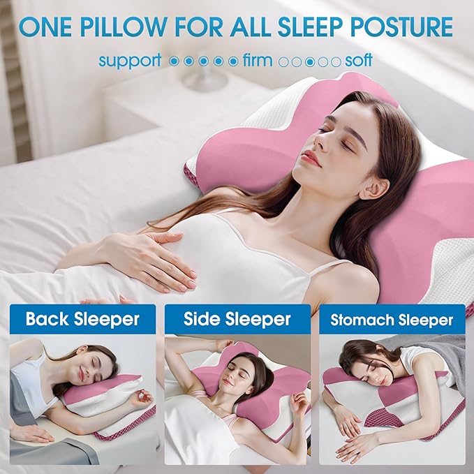 CloudBliss Cervical Memory Foam Pillow for Neck and Shoulder, Contour Neck Support Pillow with Cooling Case, Ergonomic Bed Pillow, Support for Side Back Stomach Sleepers (Pink, King Size)