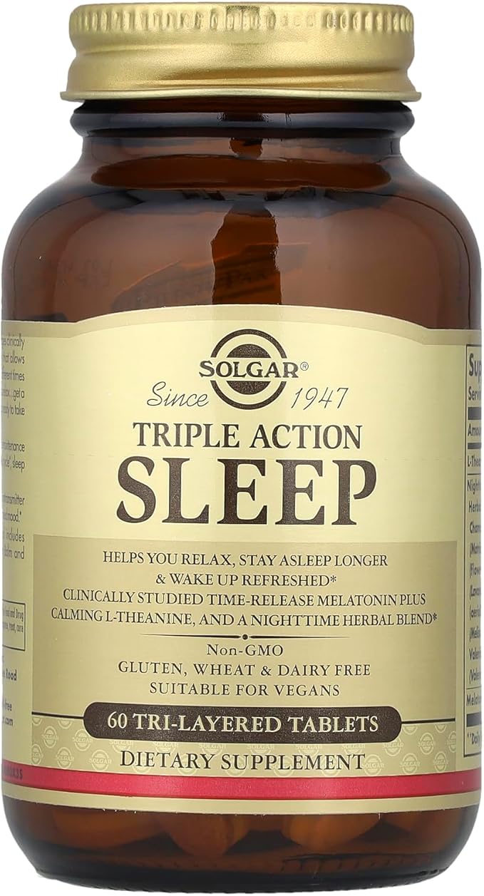 Solgar Triple Action Sleep, 60 Tri-Layer Tablets - Time-Release Melatonin & L-Theanine Plus Herbal Blend - Helps You Relax, Fall Asleep Fast & Stay Asleep Longer - Non-GMO, Gluten Free - 60 Servings