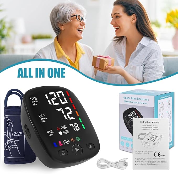 HAQQI Upper Arm Electronic Blood Pressure Monitor,Automatic Accurate Blood Pressure Machine for Home Use with LED Backlit Display Large Cuff Heart Rate Detection 2x120 Records(Black)