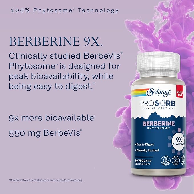 SOLARAY Berberine Phytosome - 9X Absorption and Easy-to-Digest - Standardized to 30% Berberine HCl - Vegan, Made Without Soy - 60-Day Guarantee - 60 Servings, 60 VegCaps