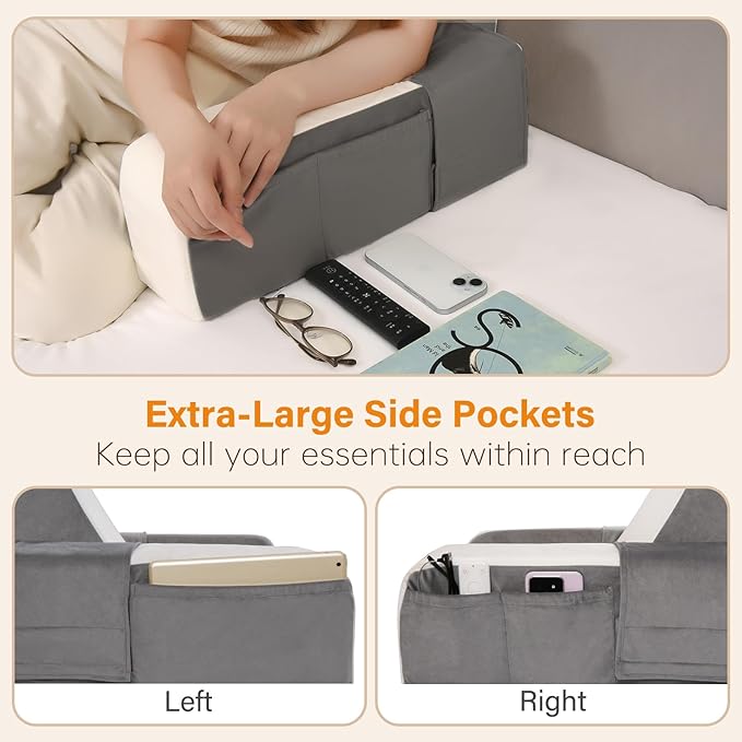 Vekkia 21" Reading Pillow with Adjustable Arms & Headrest – Zoned Foam Support, XL Side Pockets, Removable Cover, Back Support Chair for Reading, Gaming, Post-Surgery Recovery in Bed or Floor
