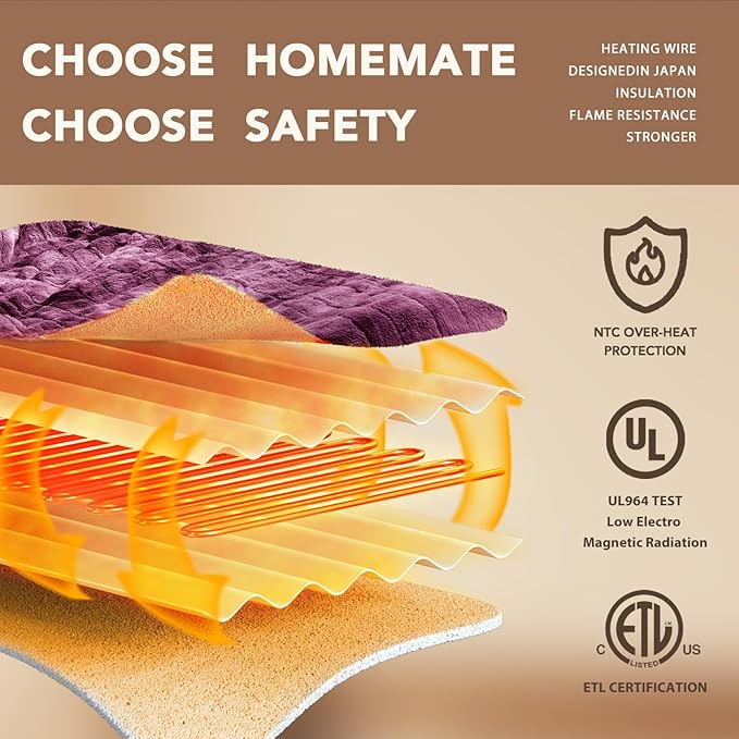 Homemate Electric Heated Blanket Queen Size - 84"x90" Heating Blanket Queen Size Dual Control 1/2/4/6/8 Hours Auto-Off 10 Heat Level Over-Heat Protection Luxury Faux Fur Sherpa ETL Certification
