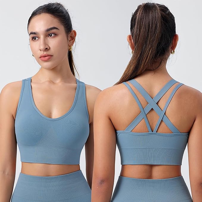 Evercute Sports Bra for Women Padded Medium Support Criss Cross Strappy Bras Seamless High Impact Yoga Exercise Athletic Bras