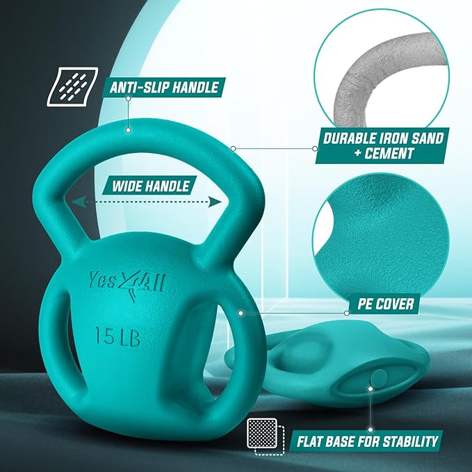 Yes4All Kettlebell, Strength Training Kettlebells for Women, Wide Multi-grip Textured Handle for Home Gym Exercises & Full Body Workout, Single 5–25 lb & Set of 10-15 lb
